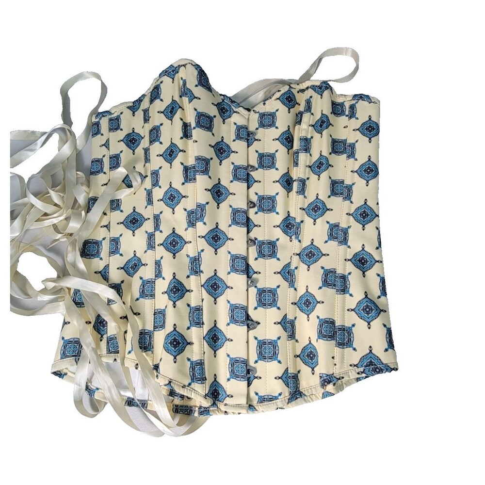 Corset Story Pale Yellow Blue Navy Overbust Corset 18 UK 14 US
